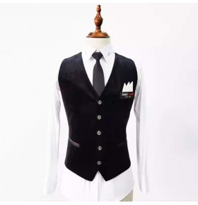 Men's black velvet latin ballroom dance vests youth waltz tango stage chacha jive salsa performance waistcoats 